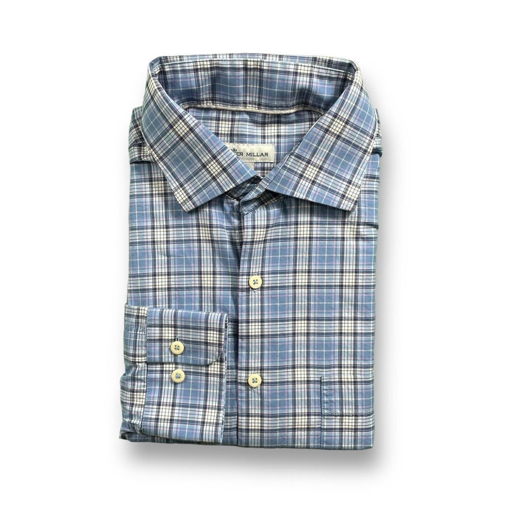 Peter Millar Blue/White/Pink Checked Cotton Button Front Shirt Mens L GUC